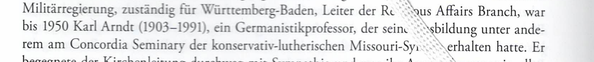 Four lines of Hermann Ehmer's Wuerttembergische Kirchengeschichte, page 698, naming Karl Arndt as head of the Religious Affairs Branch, with a satin ribbon marker lying across the right edge of the page.