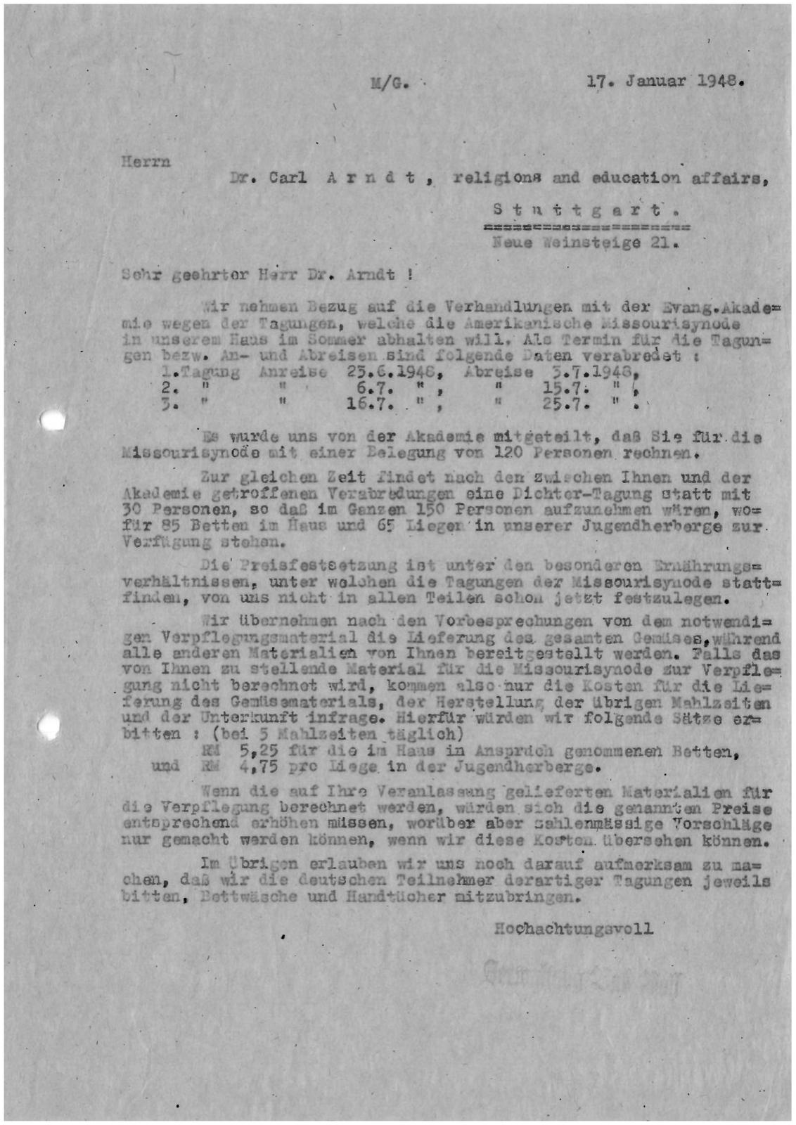Typed letter of the Kurhaus Bad Boll to Dr. Carl Arndt, 17 January 1948, listing the three conference periods of summer 1948, the 120 and 30 person counts, 85 beds and 65 cots, and rates of RM 5.25 and 4.75.