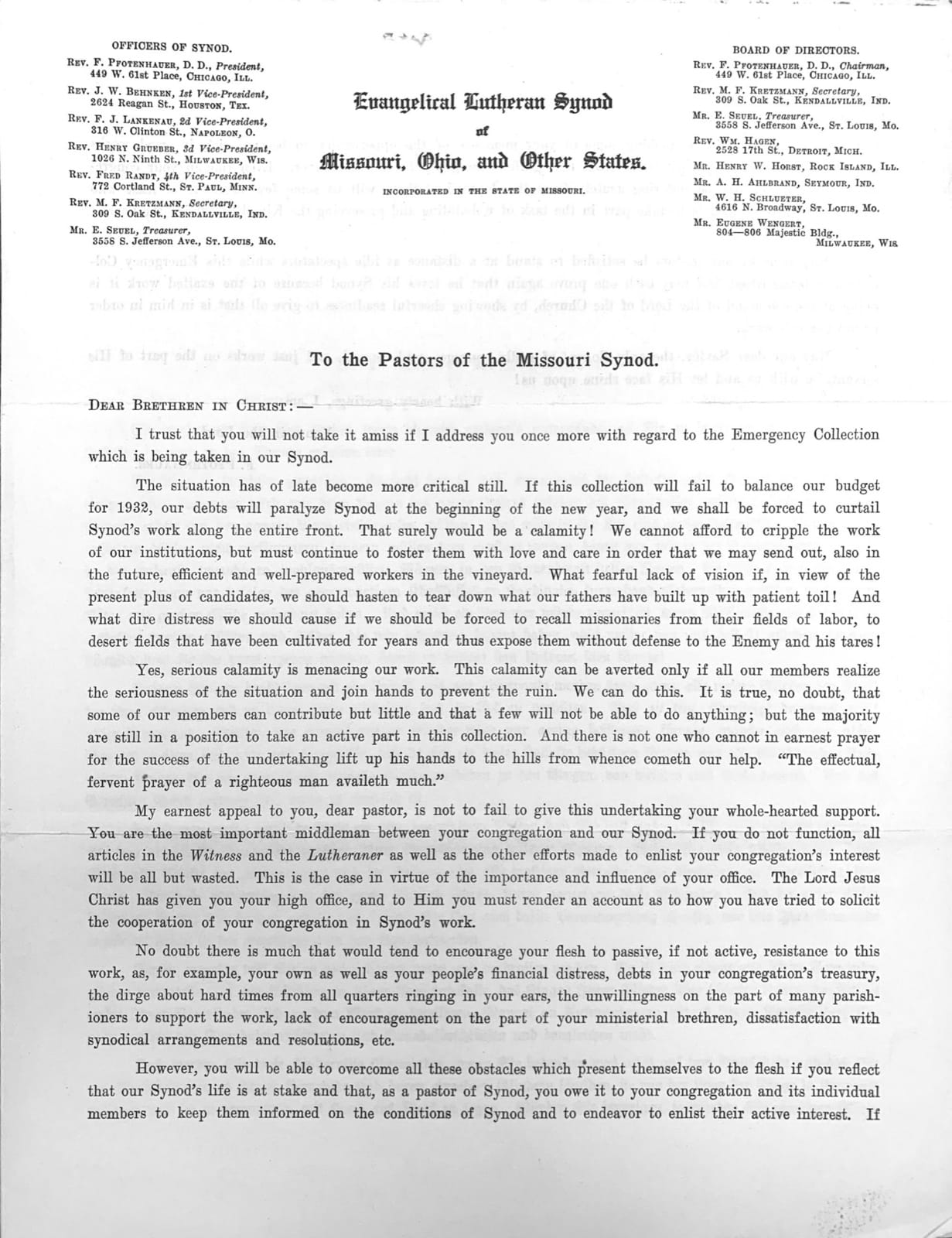 President Pfotenhauer's appeal to the pastors, October 9, 1932