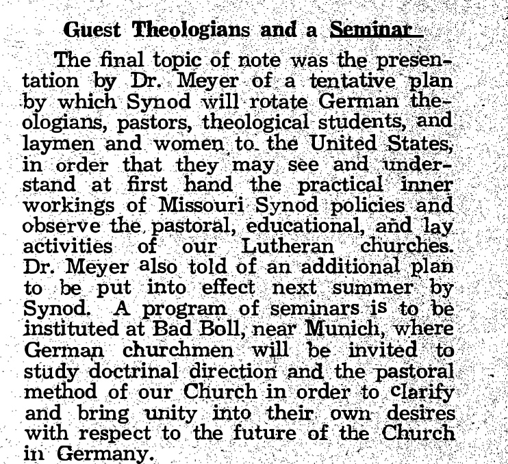 Guest Theologians and a Seminar — the first public notice of Bad Boll, Lutheran Witness, December 16, 1947