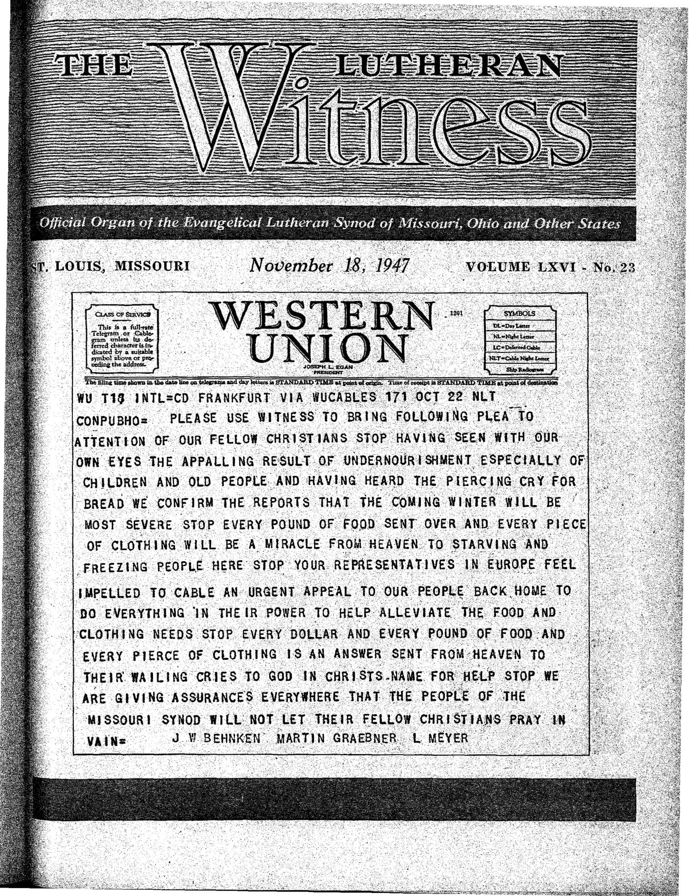 The cover of the Lutheran Witness, November 18, 1947: a Western Union night letter