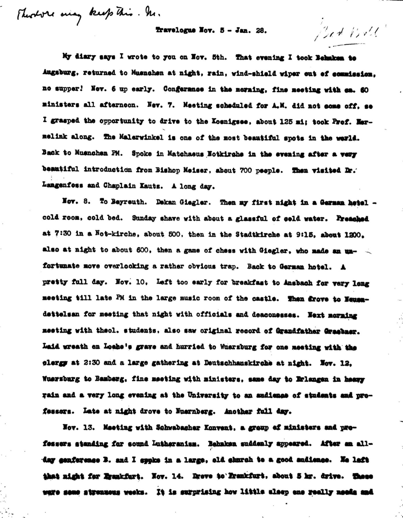 First typewritten page of a travel diary headed Travelogue Nov. 5 - Jan. 28, with a handwritten line at the top left reading Theodore may keep this. M., and Bad Boll written in cursive at the top right