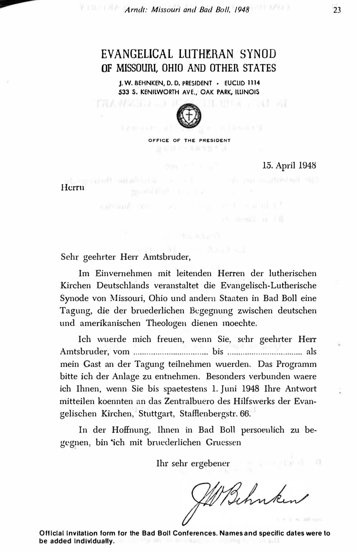 Printed German-language invitation on Evangelical Lutheran Synod of Missouri, Ohio and Other States letterhead, dated 15. April 1948, with blank dotted lines for dates and J. W. Behnken's signature at the foot