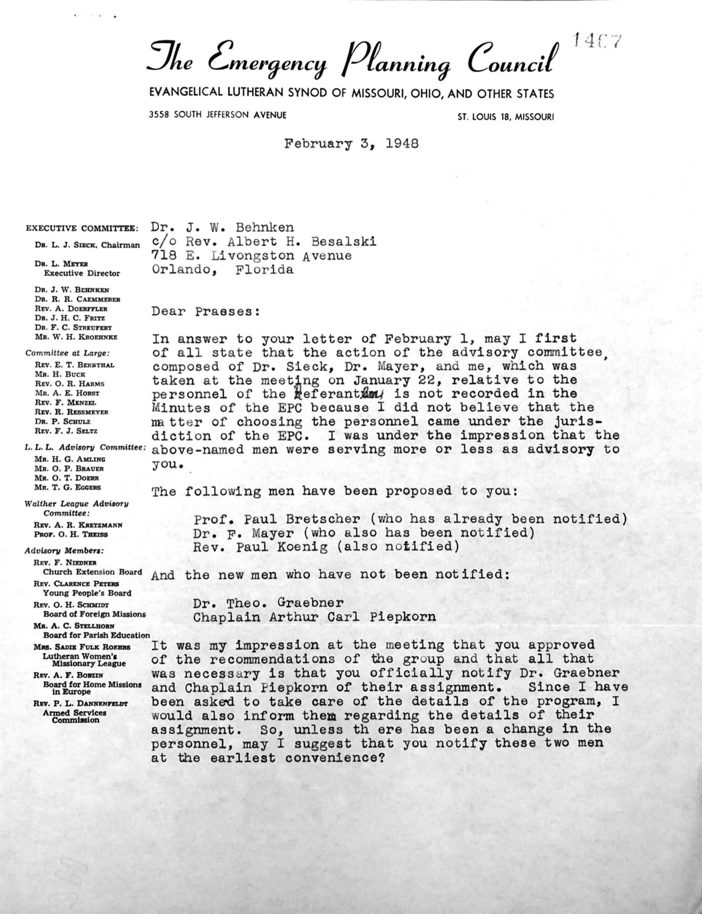 First page of a letter on The Emergency Planning Council letterhead, dated February 3, 1948, addressed to Dr. J. W. Behnken in Orlando, Florida, with the salutation Dear Praeses and a committee roster down the left margin
