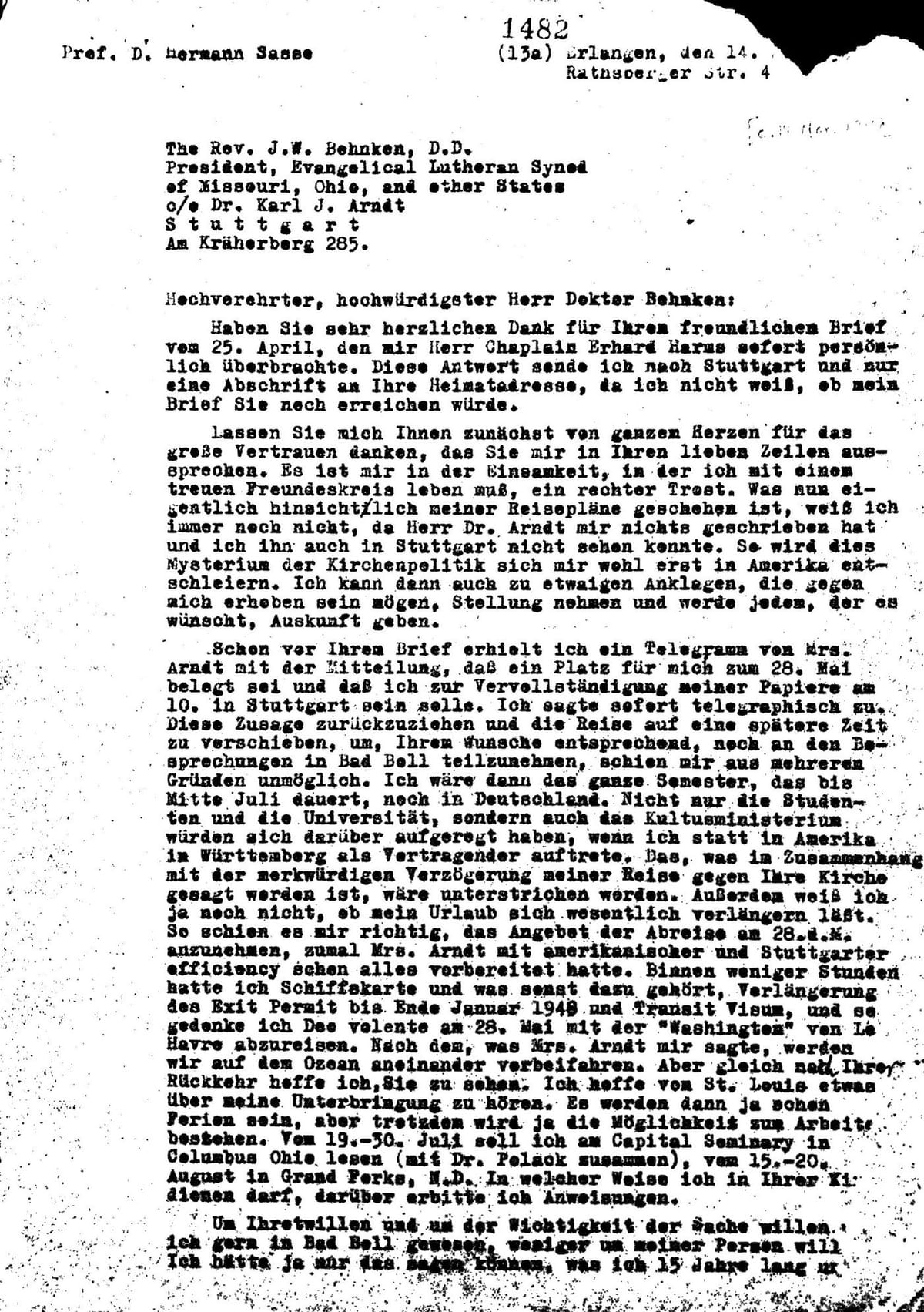 First page of Hermann Sasse’s typed letter to President Behnken, Erlangen, May 14, 1948, with the CHI stamp 1482