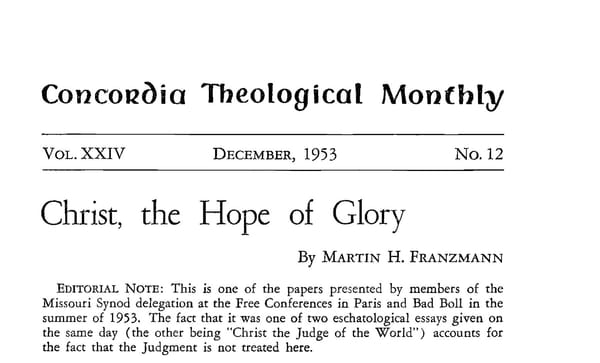 Opening page of a 1953 journal article titled Christ, the Hope of Glory, by Martin H. Franzmann, with an editorial note beneath the title