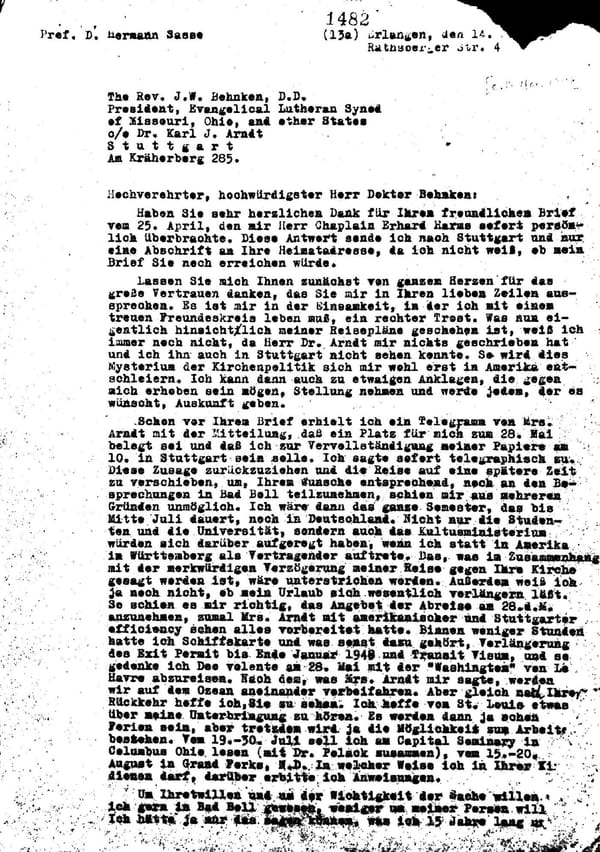 First page of Hermann Sasse’s typed letter to President Behnken, Erlangen, May 14, 1948, with the CHI stamp 1482